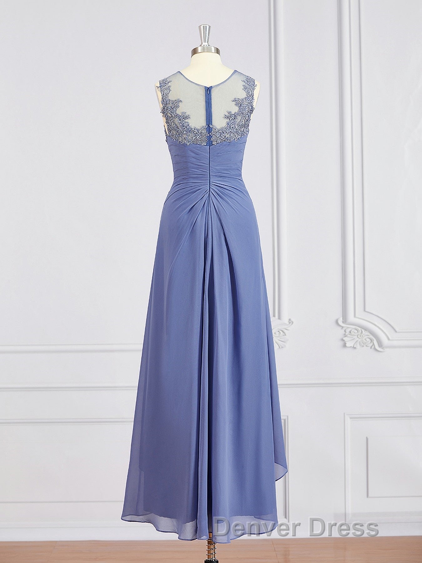A Line Scoop Asymmetrical Chiffon Mother of the Bride Dresses With Appliques Lace