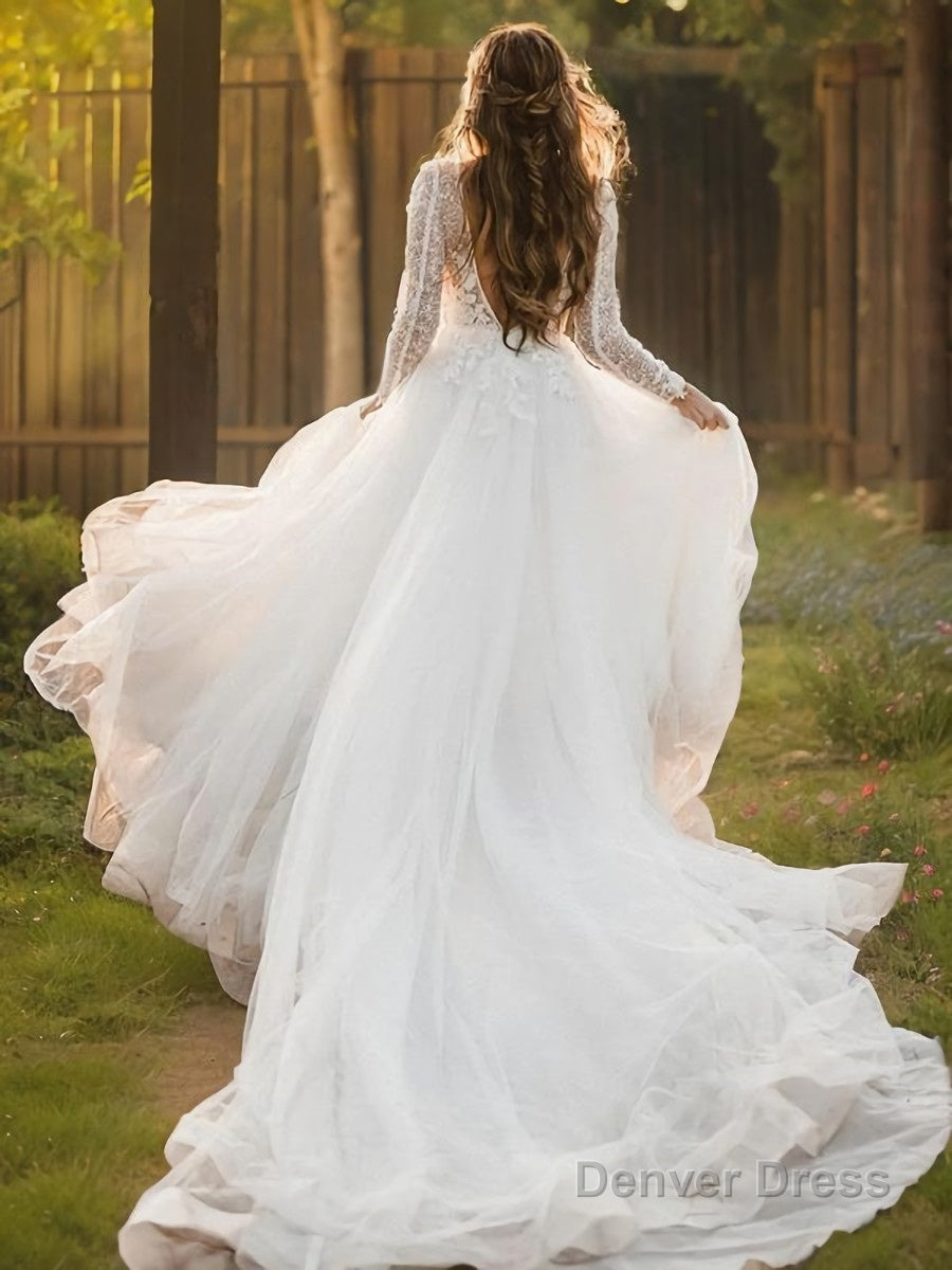 A-Line/Princess Scoop Cathedral Train Tulle Wedding Dresses With Appliques Lace Secondary image
