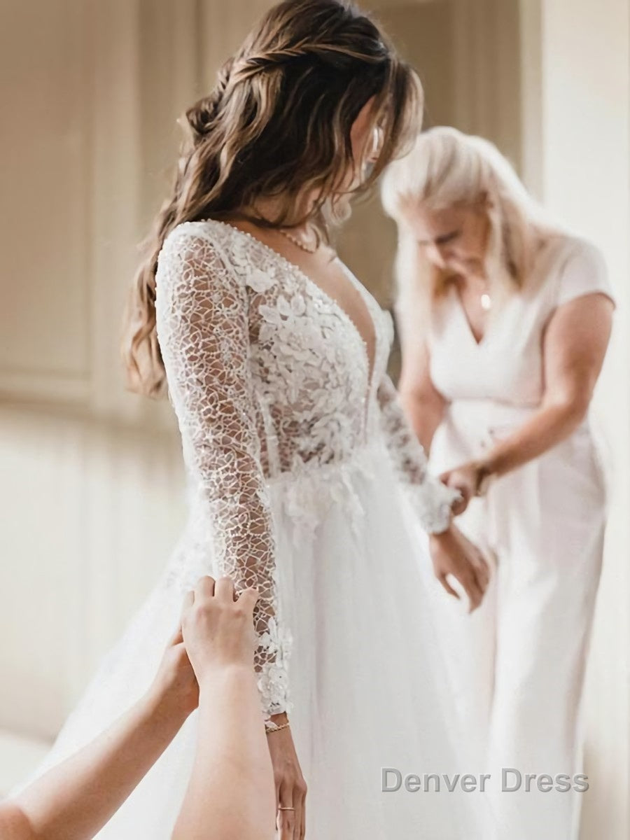 A Line Scoop Cathedral Train Tulle Wedding Dresses With Appliques Lace