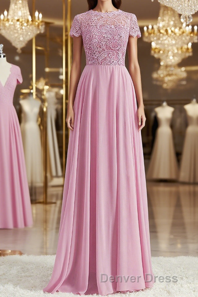 A-Line/Princess Scoop Floor-Length Chiffon Bridesmaid Dresses with Appliques Lace Main image
