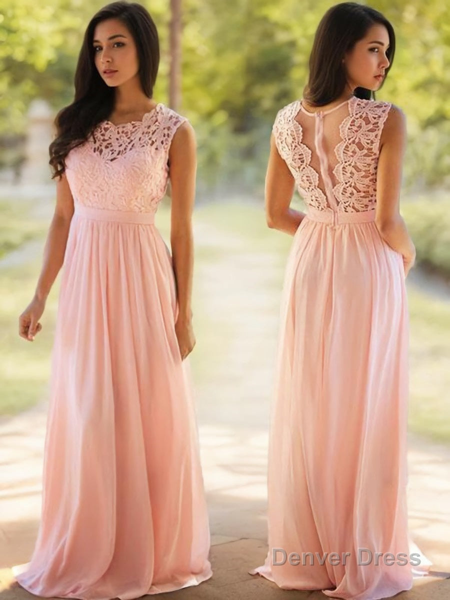 A Line Scoop Floor Length Chiffon Prom Dresses With Appliques Lace