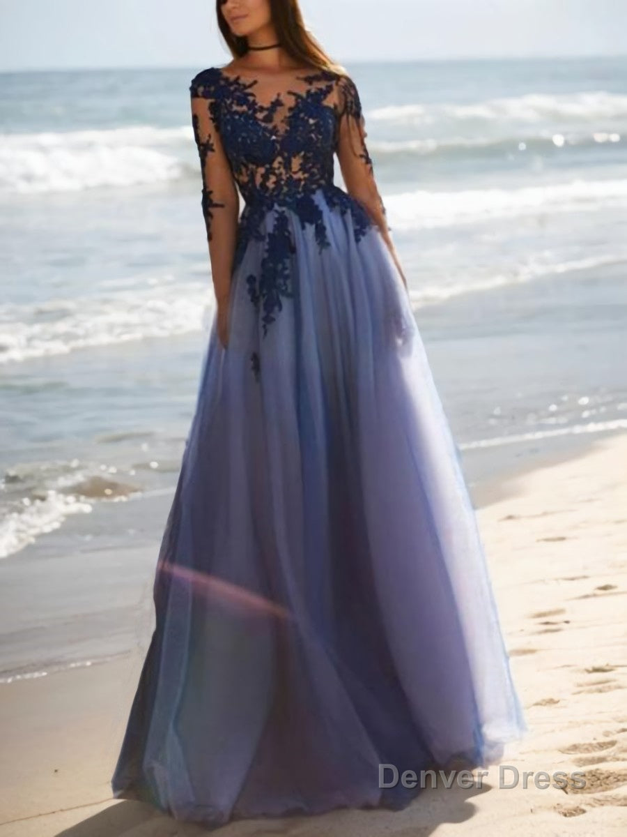 A Line Scoop Floor Length Tulle Prom Dresses With Appliques Lace Main image