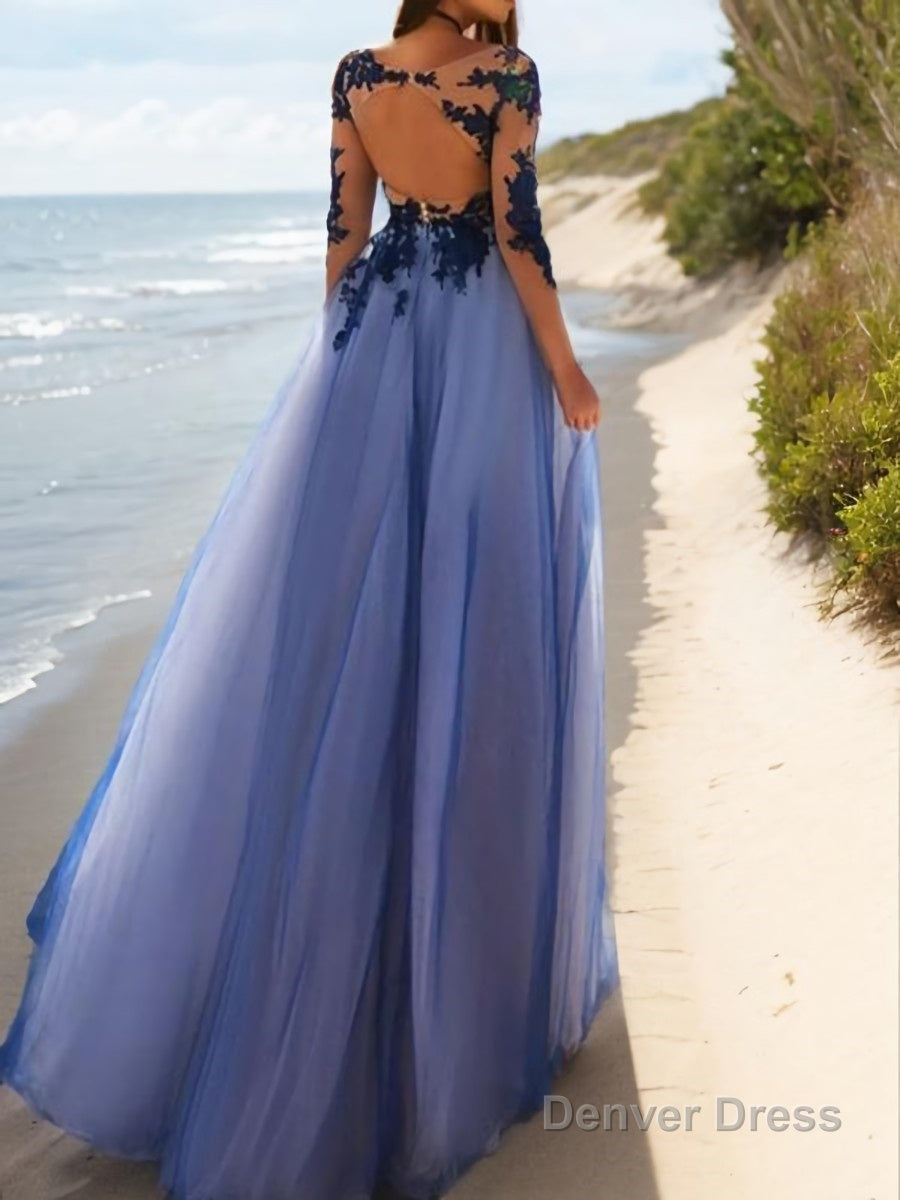 A-Line/Princess Scoop Floor-Length Tulle Evening Dresses With Appliques Lace Secondary image