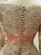 A Line Scoop Floor Length Tulle Prom Dresses With Appliques Lace