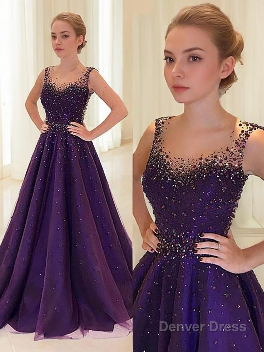 A-Line/Princess Scoop Floor-Length Tulle Prom Dresses With Beading Main image