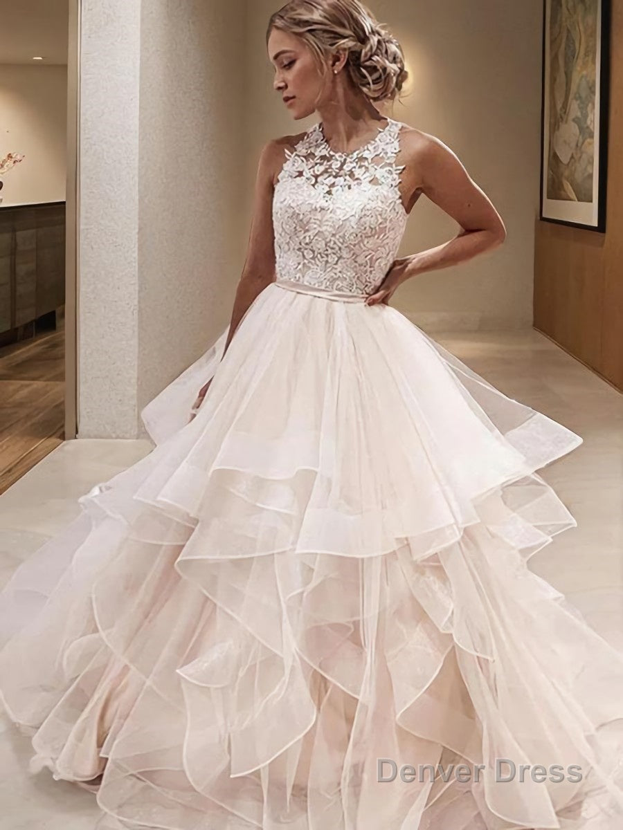 A-Line/Princess Scoop Floor-Length Tulle Wedding Dresses Main image