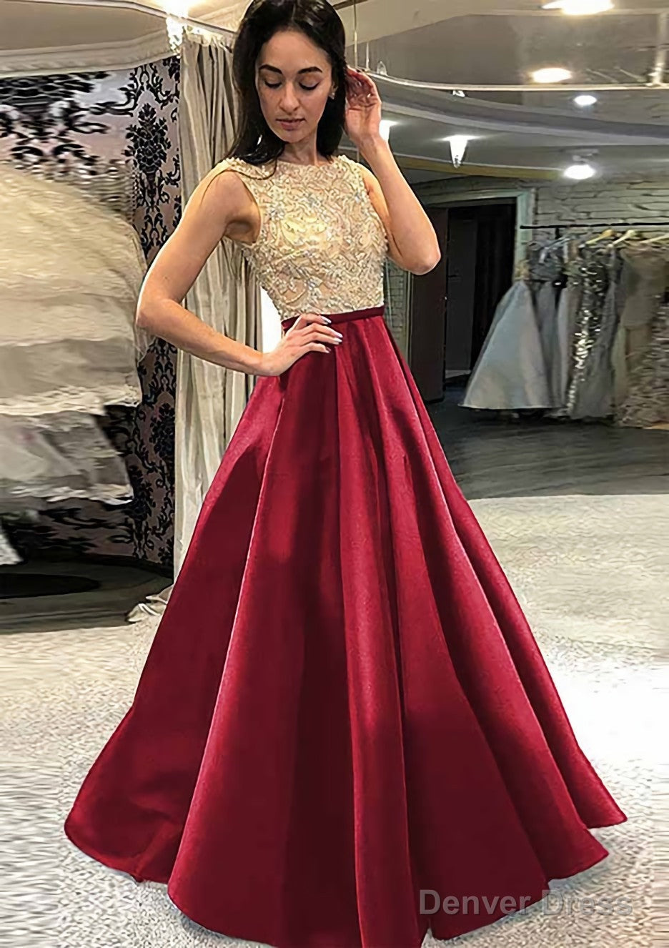 A Line Scoop Neck Sleeveless Long Floor Length Satin Prom Dresses With Beading