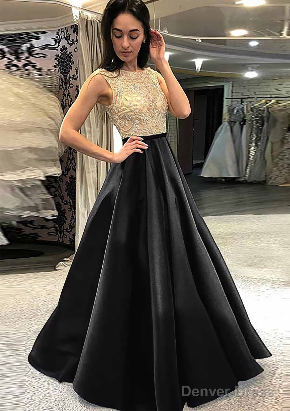 A Line Scoop Neck Sleeveless Long Floor Length Satin Prom Dresses With Beading