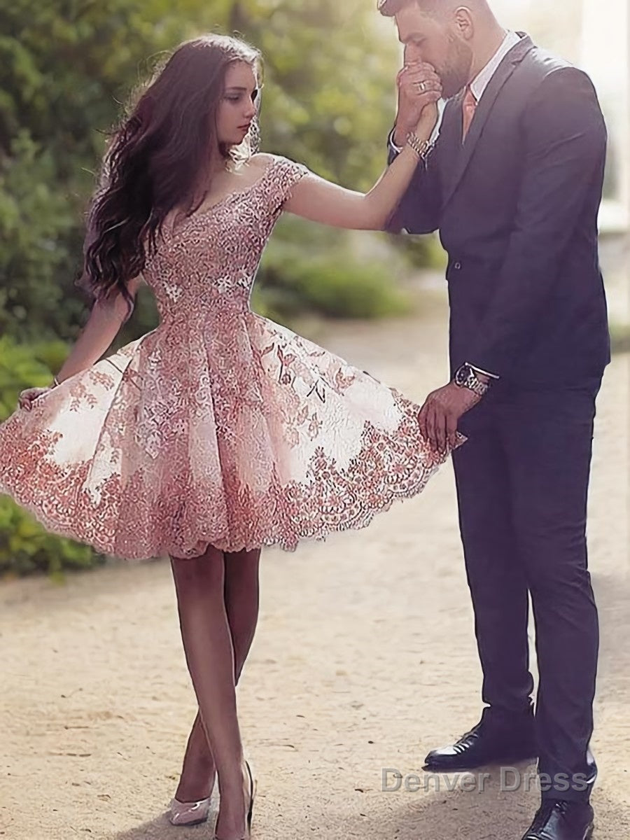 A Line Scoop Short Mini Tulle Homecoming Dresses With Appliques Lace