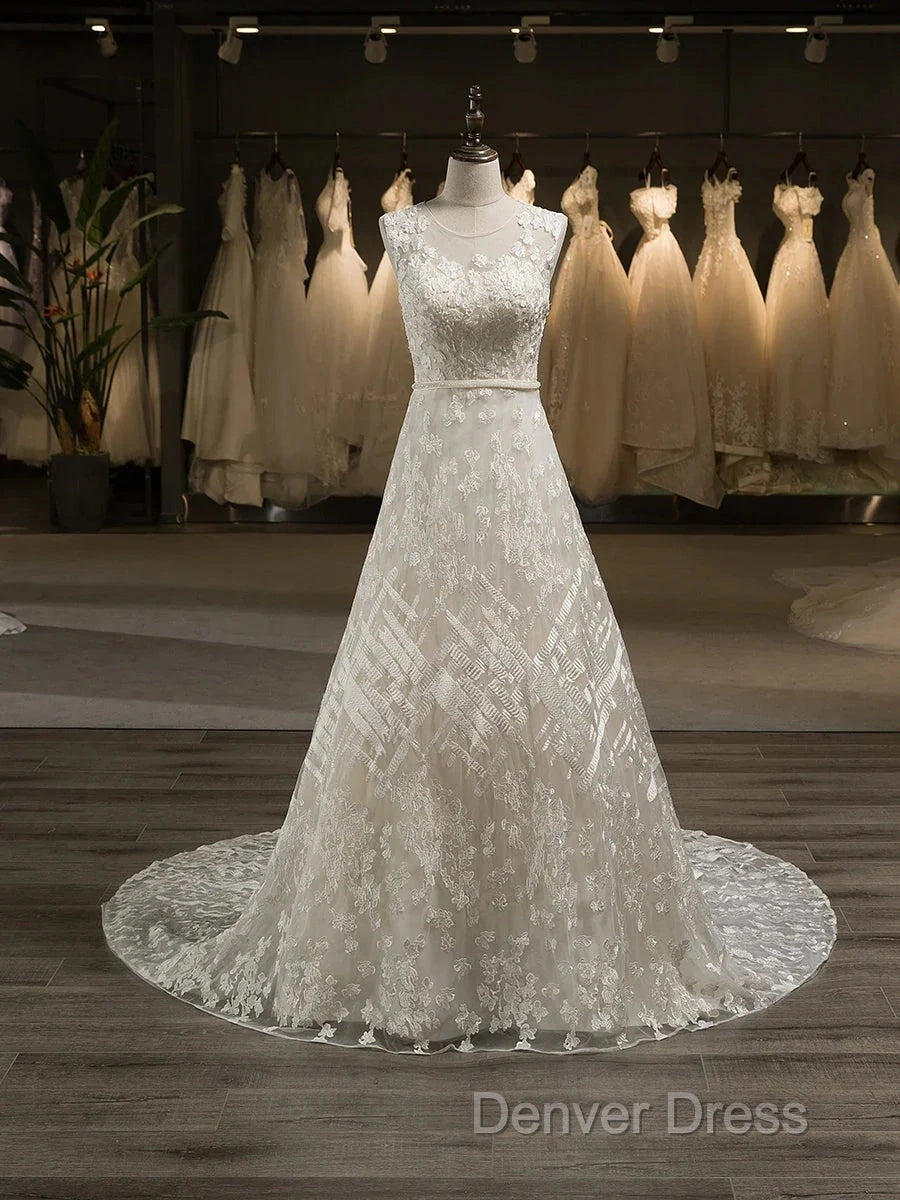 A Line Scoop Sleeveless Tulle Applique Covered Button Court Train Wedding Dresses