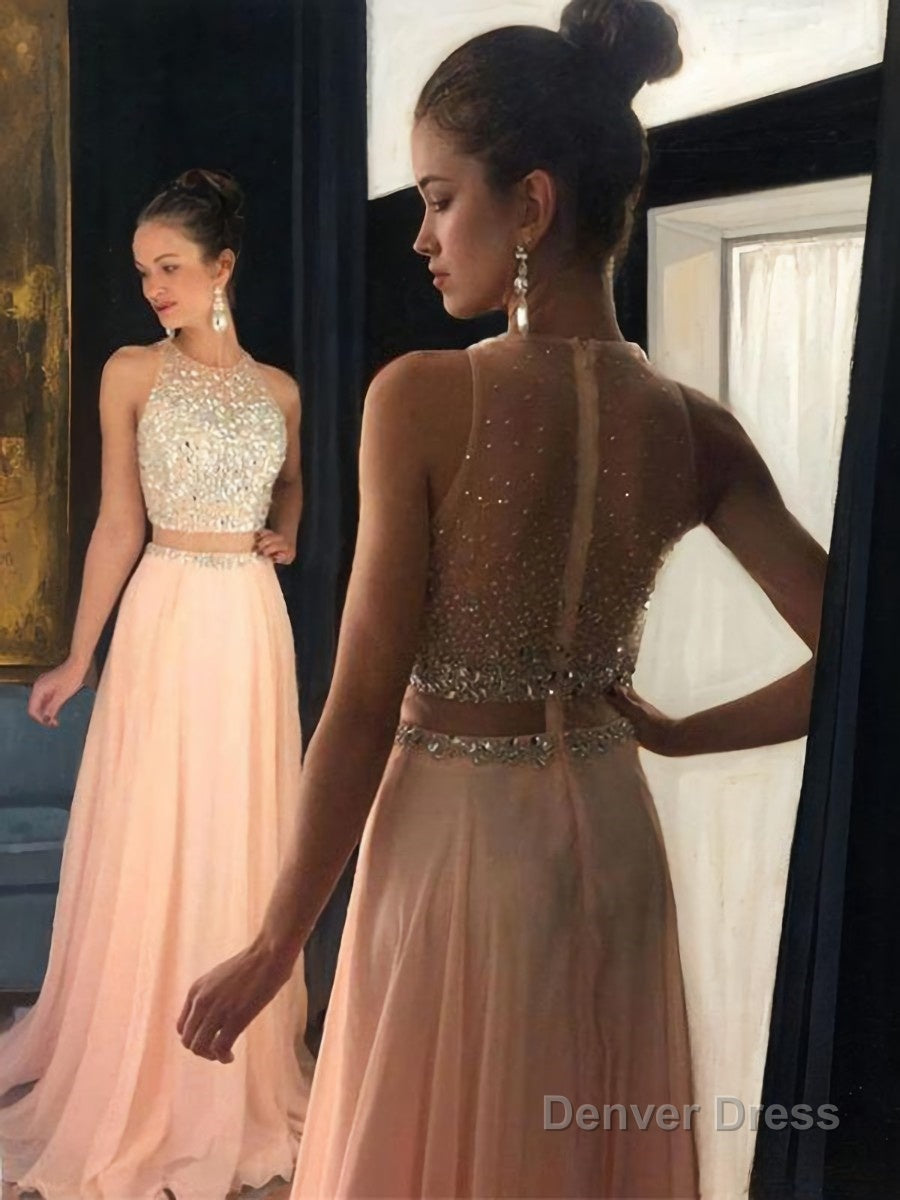 A Line Scoop Sweep Train Chiffon Prom Dresses With Beading Main image