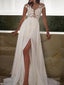A Line Scoop Sweep Train Chiffon Prom Dresses With Leg Slit