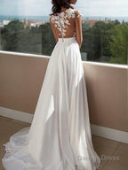 A Line Scoop Sweep Train Chiffon Prom Dresses With Leg Slit