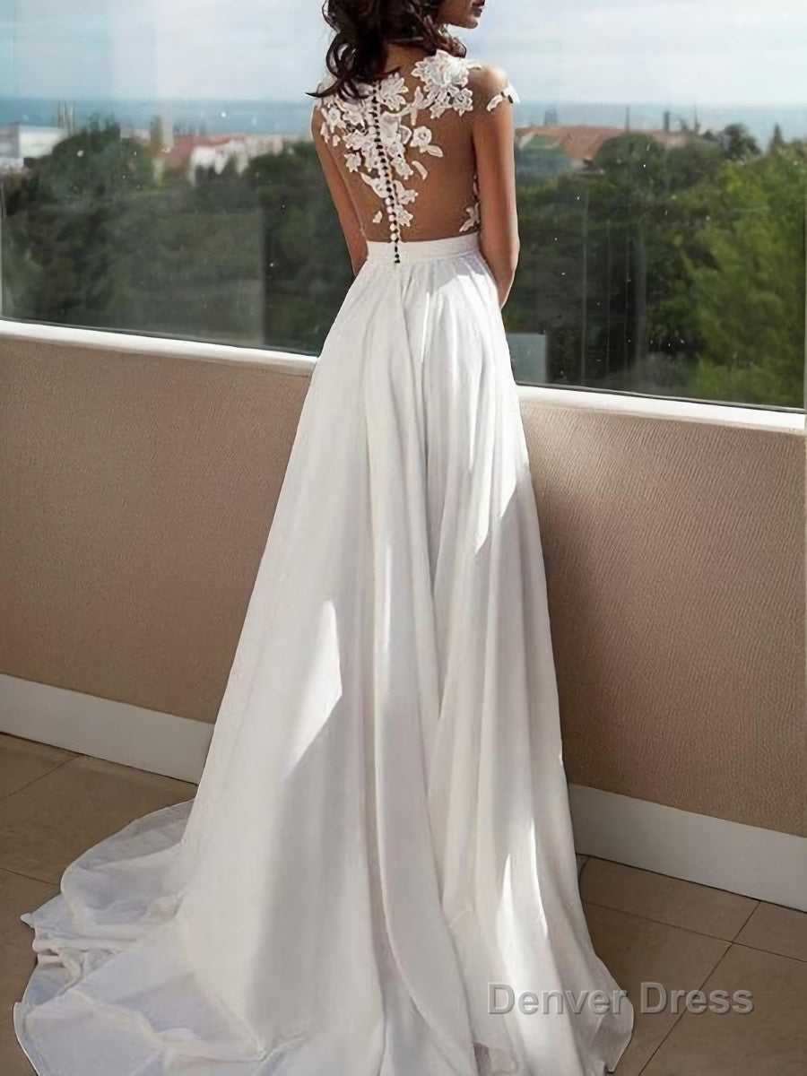 A Line Scoop Sweep Train Chiffon Prom Dresses With Leg Slit
