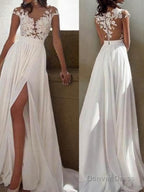 A Line Scoop Sweep Train Chiffon Prom Dresses With Leg Slit