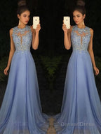 A Line Scoop Sweep Train Chiffon Prom Dresses With Appliques Lace