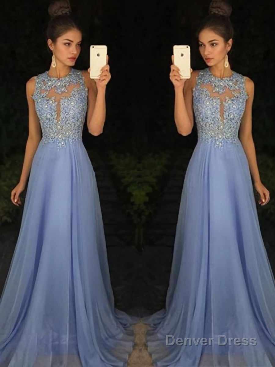 A Line Scoop Sweep Train Chiffon Prom Dresses With Appliques Lace