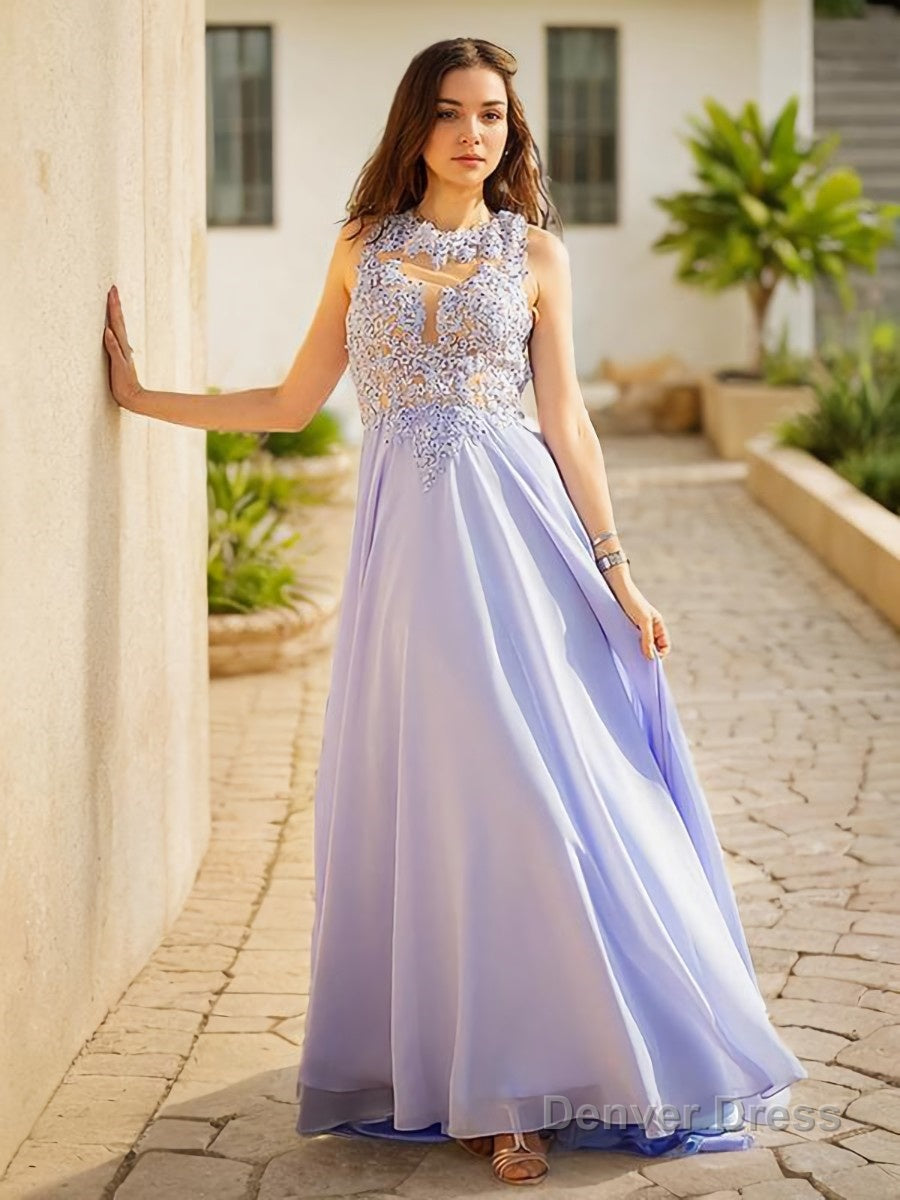 A Line Scoop Sweep Train Chiffon Prom Dresses With Appliques Lace