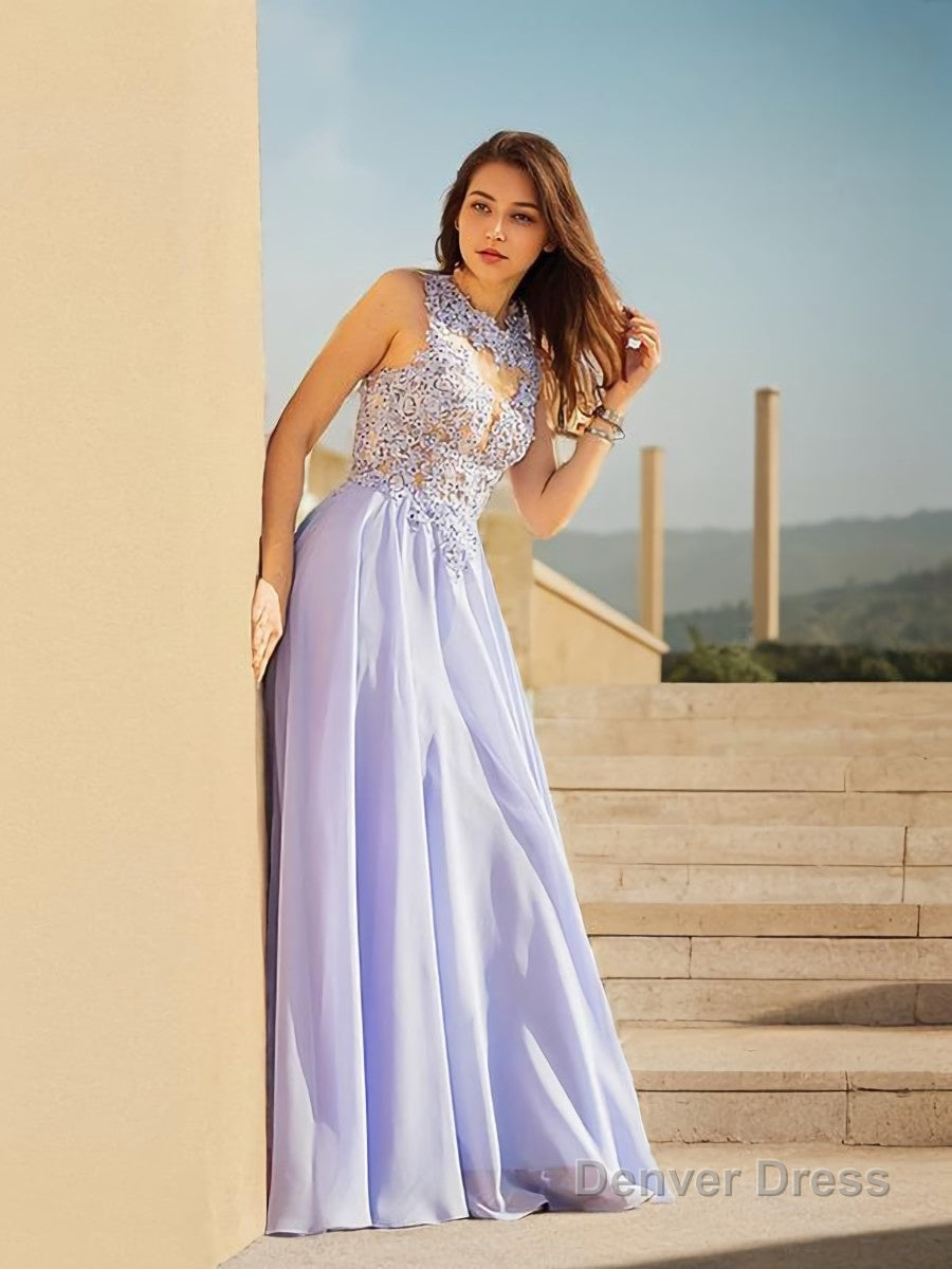 A Line Scoop Sweep Train Chiffon Prom Dresses With Appliques Lace