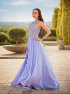 A Line Scoop Sweep Train Chiffon Prom Dresses With Appliques Lace