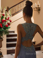 A Line Scoop Sweep Train Chiffon Prom Dresses With Appliques Lace
