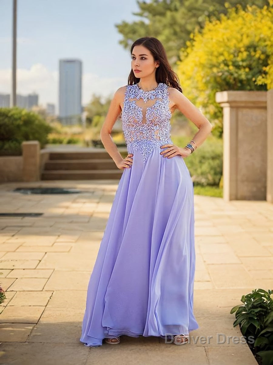 A Line Scoop Sweep Train Chiffon Prom Dresses With Appliques Lace