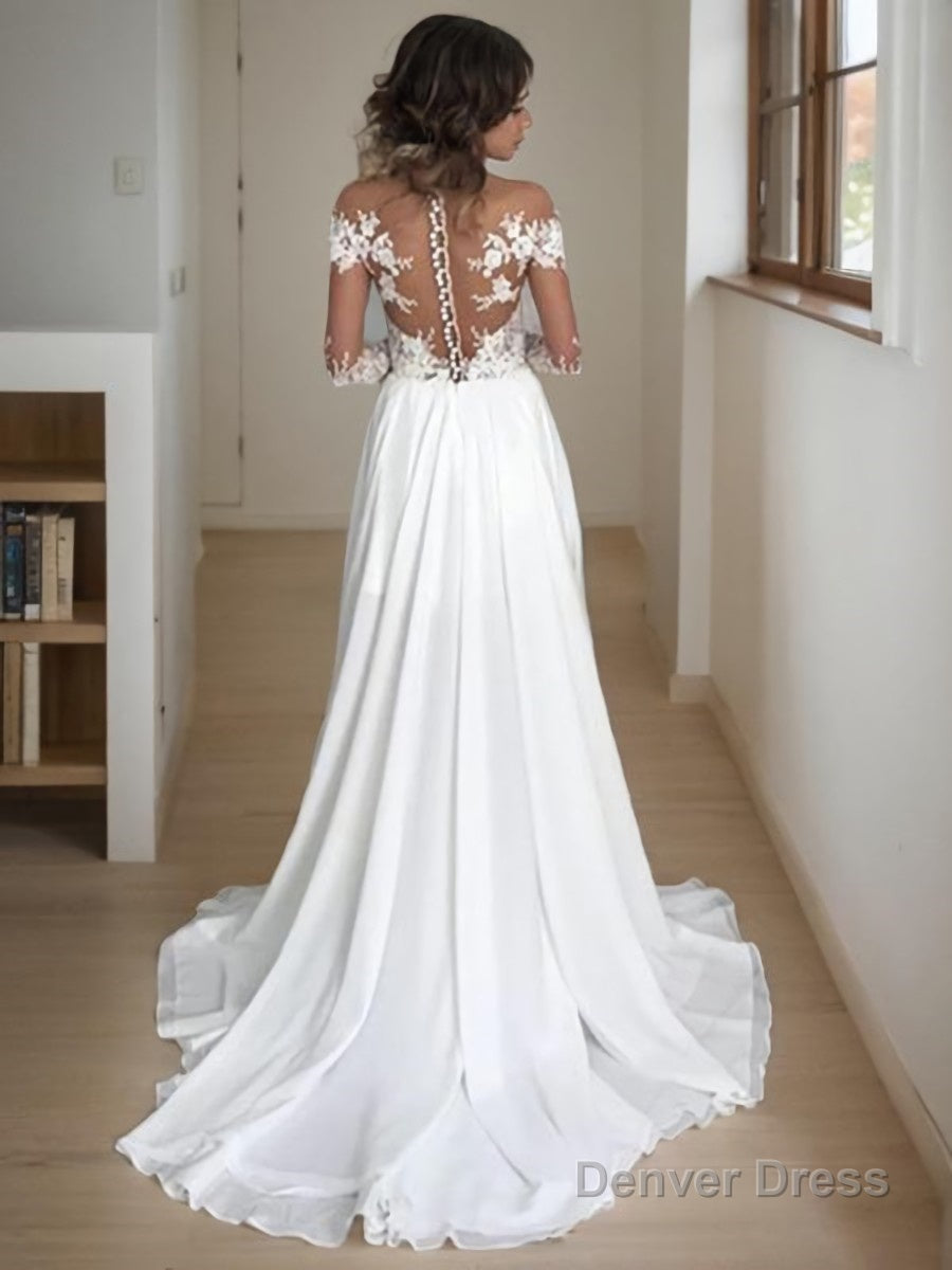 A Line Scoop Sweep Train Chiffon Wedding Dresses With Leg Slit Secondary image
