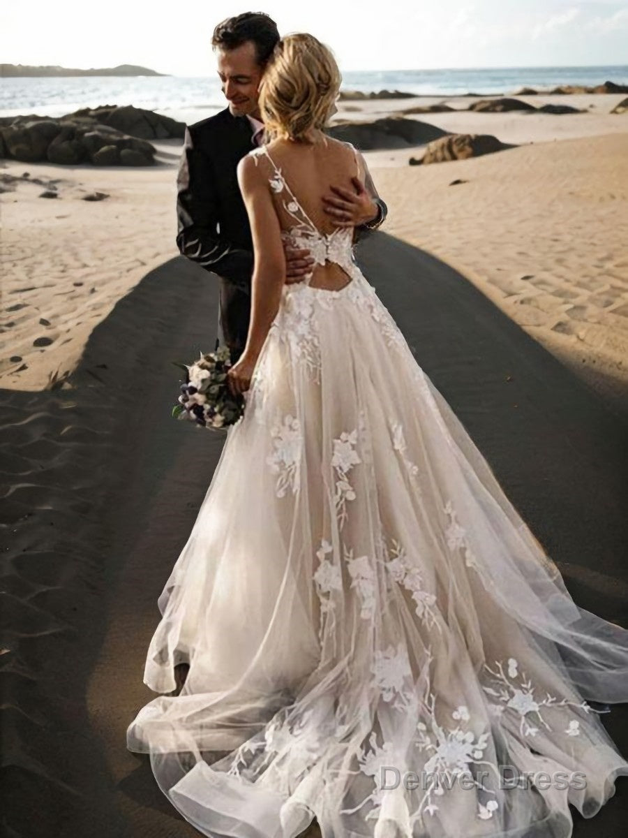 A-Line/Princess Scoop Sweep Train Lace Wedding Dresses With Appliques Lace Main image