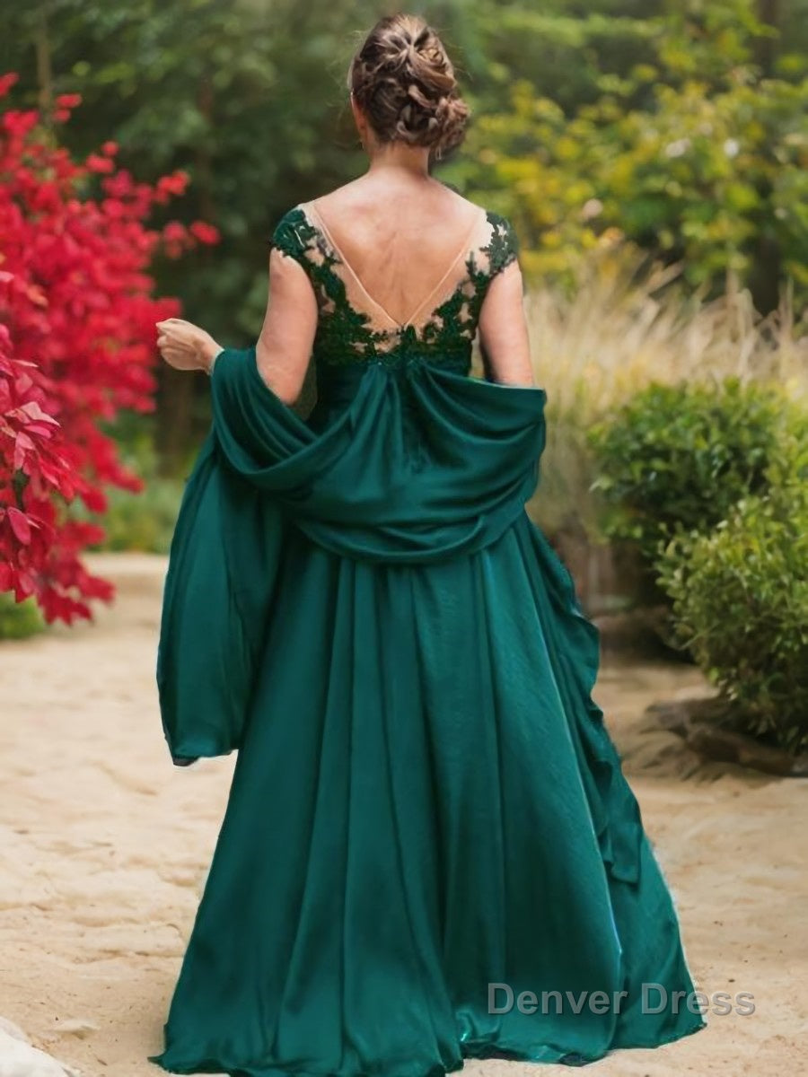 A Line Scoop Sweep Train Satin Chiffon Mother of the Bride Dresses With Belt Sash