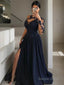 A Line Scoop Sweep Train Satin Prom Dresses With Leg Slit