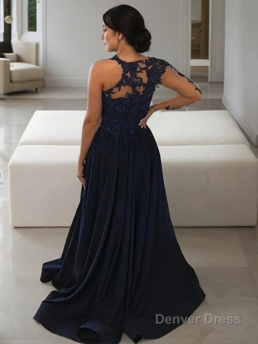 A Line Scoop Sweep Train Satin Prom Dresses With Leg Slit