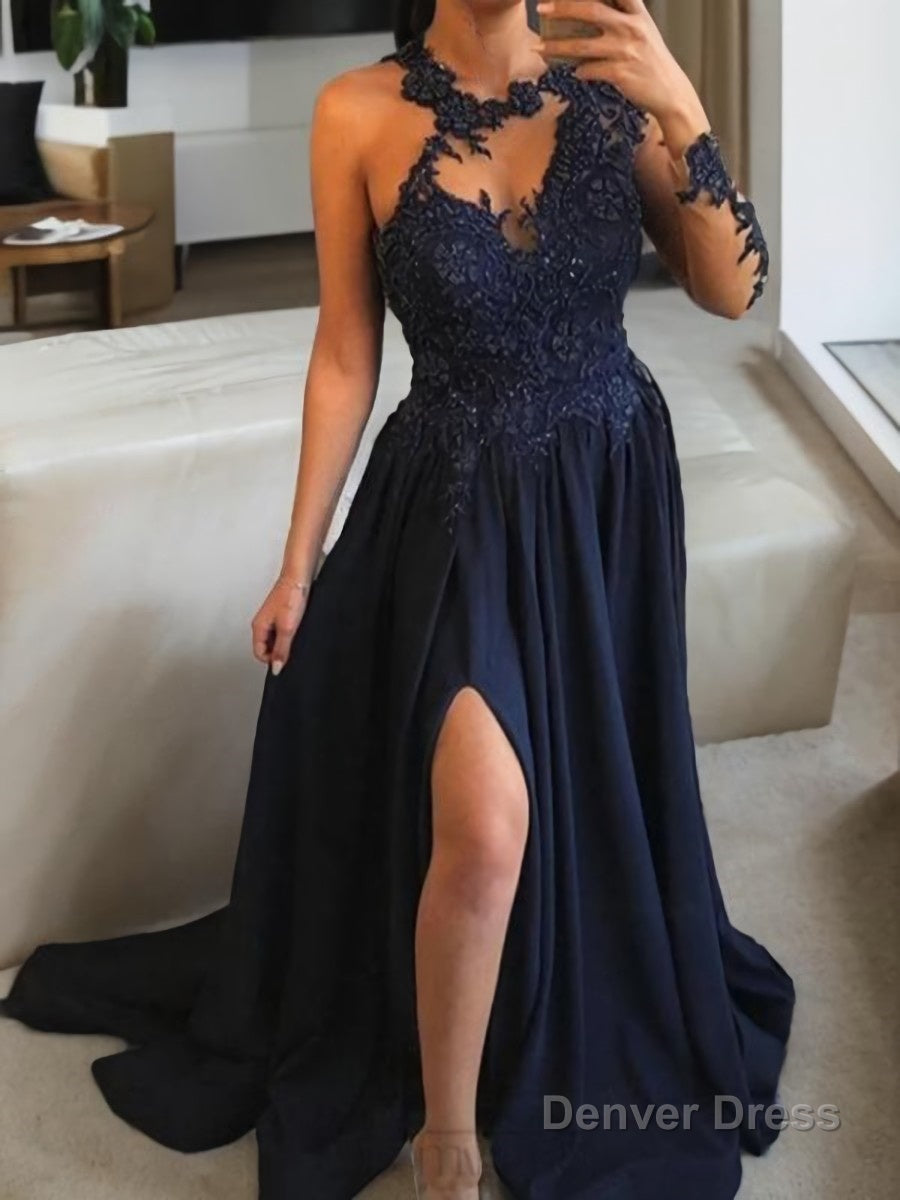 A Line Scoop Sweep Train Satin Prom Dresses With Leg Slit