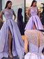 A Line Scoop Sweep Train Satin Prom Dresses With Pockets