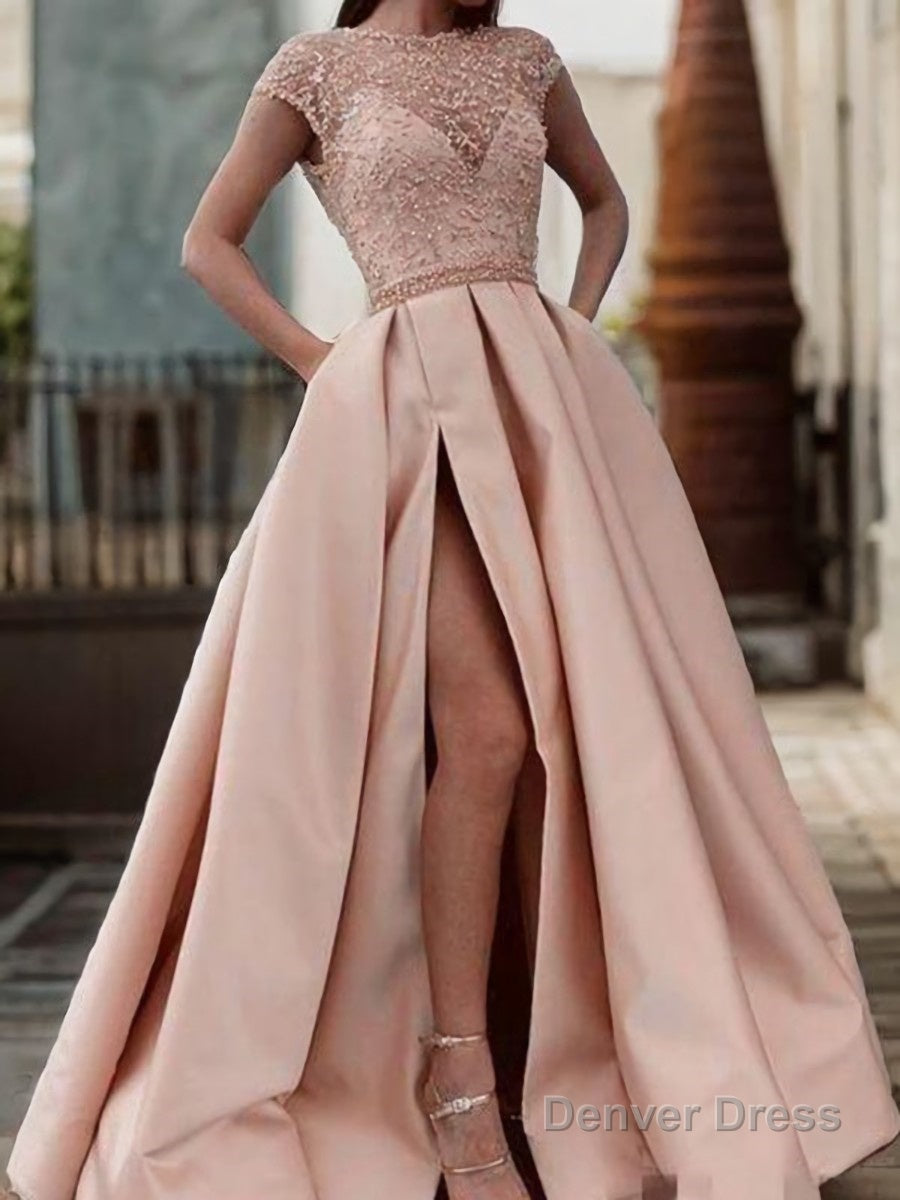 A Line Scoop Sweep Train Satin Prom Dresses With Pockets