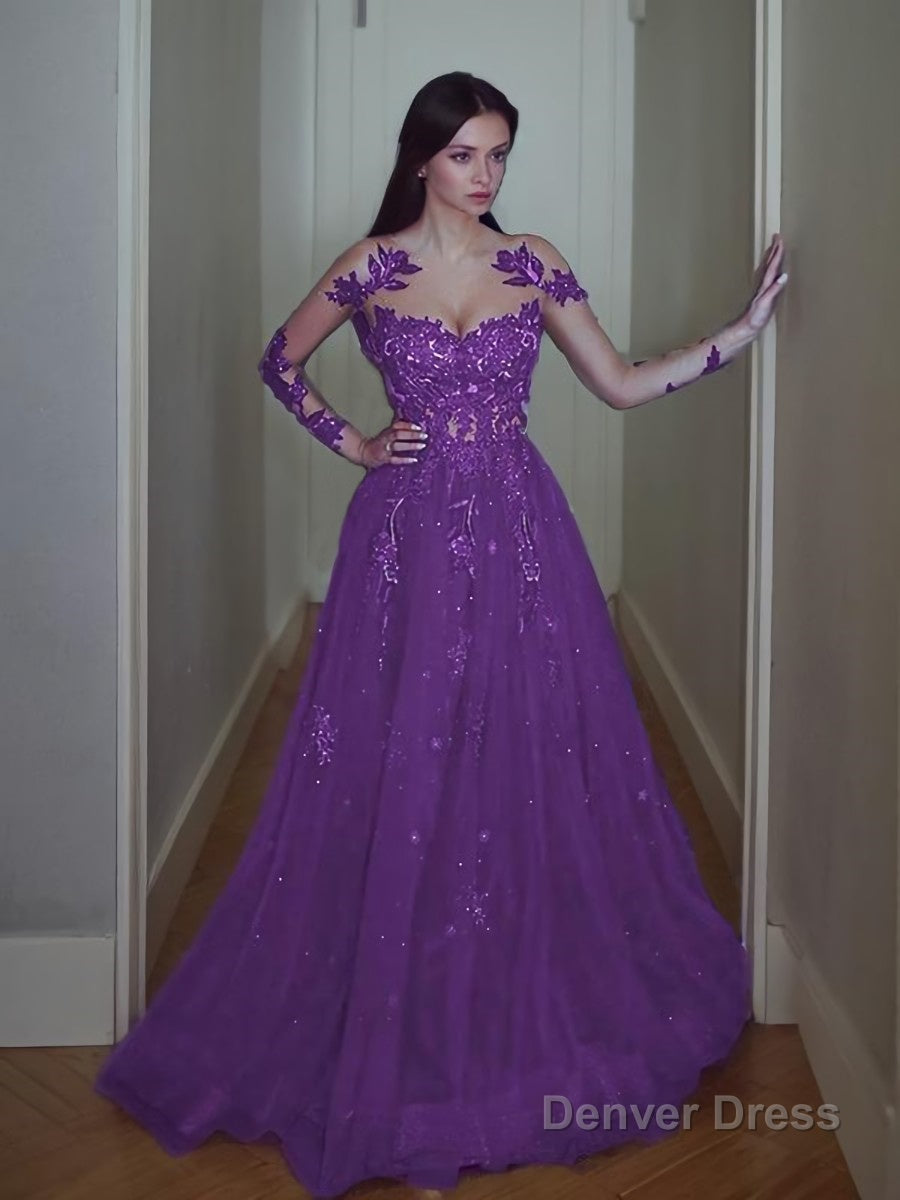 A Line Scoop Sweep Train Tulle Prom Dresses With Appliques Lace
