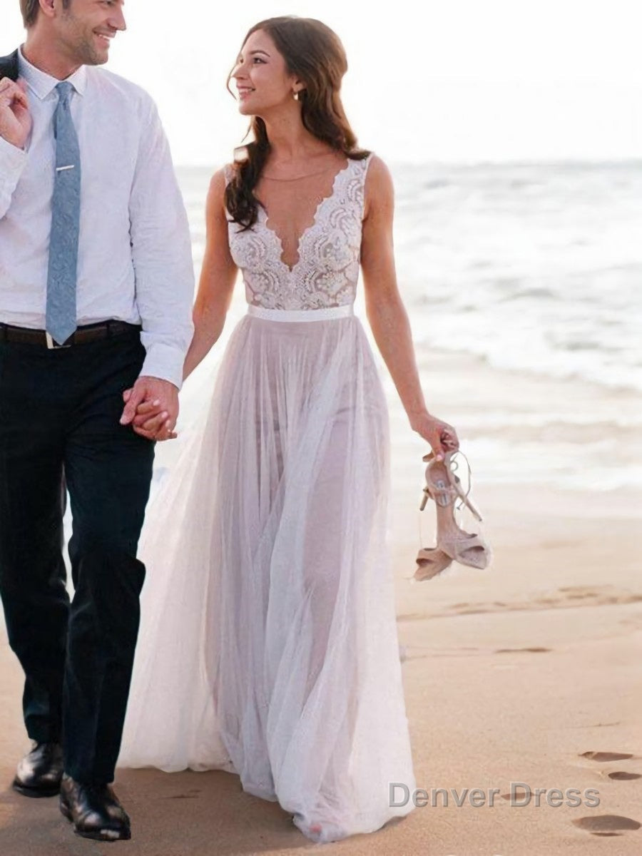 A Line Scoop Sweep Train Tulle Wedding Dresses Main image