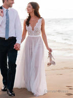 A Line Scoop Sweep Train Tulle Wedding Dresses