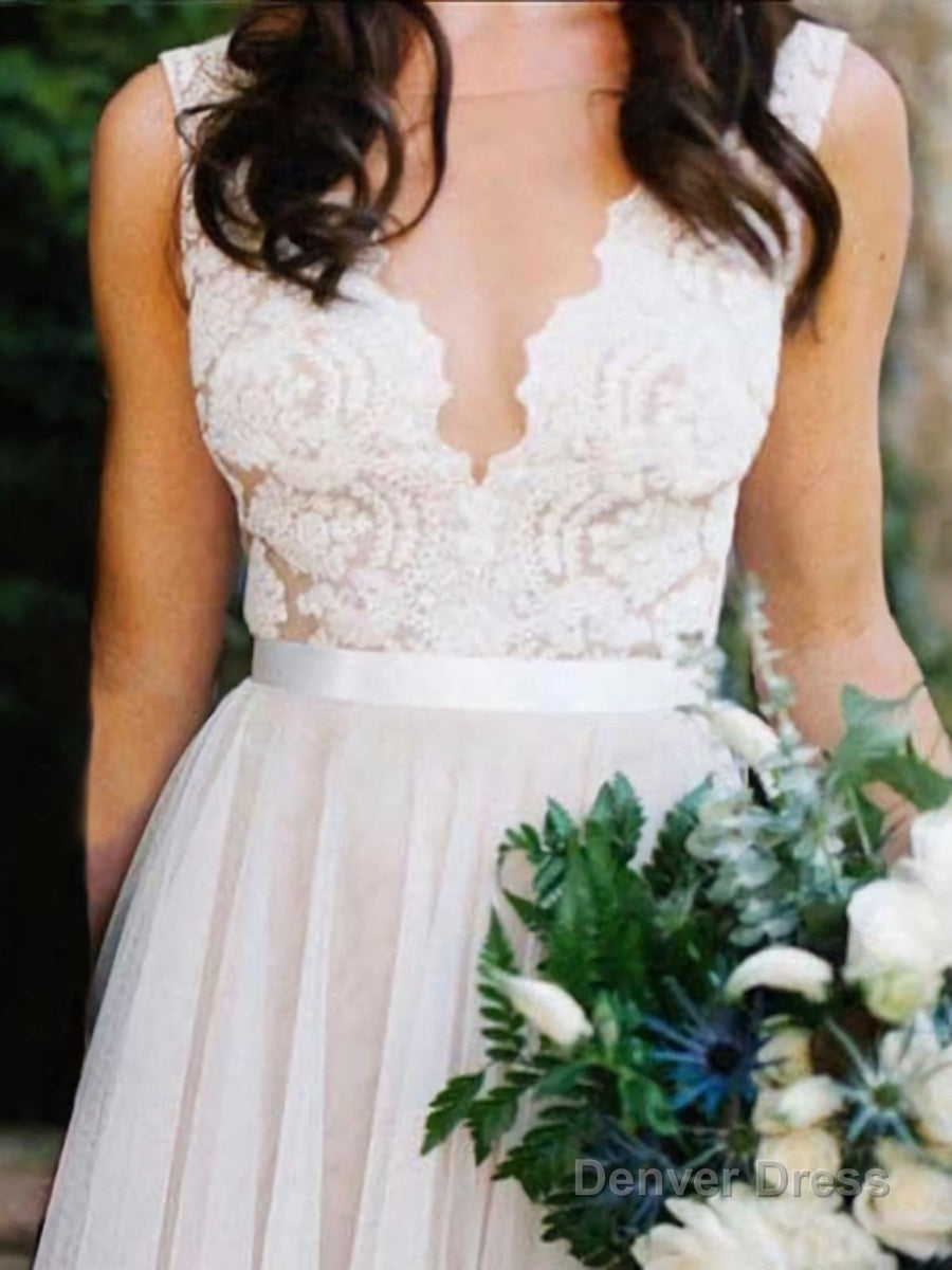 A Line Scoop Sweep Train Tulle Wedding Dresses