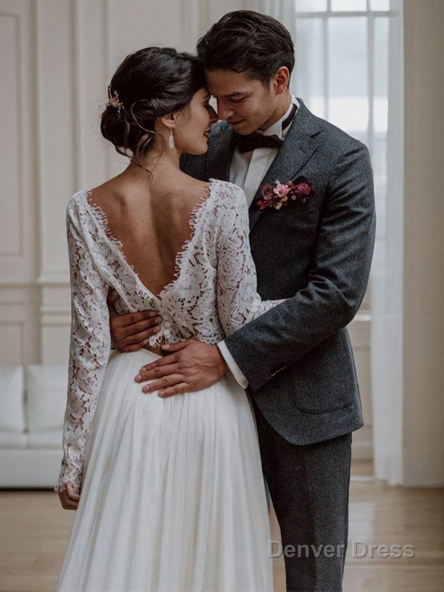 A Line Scoop Sweep Train Tulle Wedding Dresses