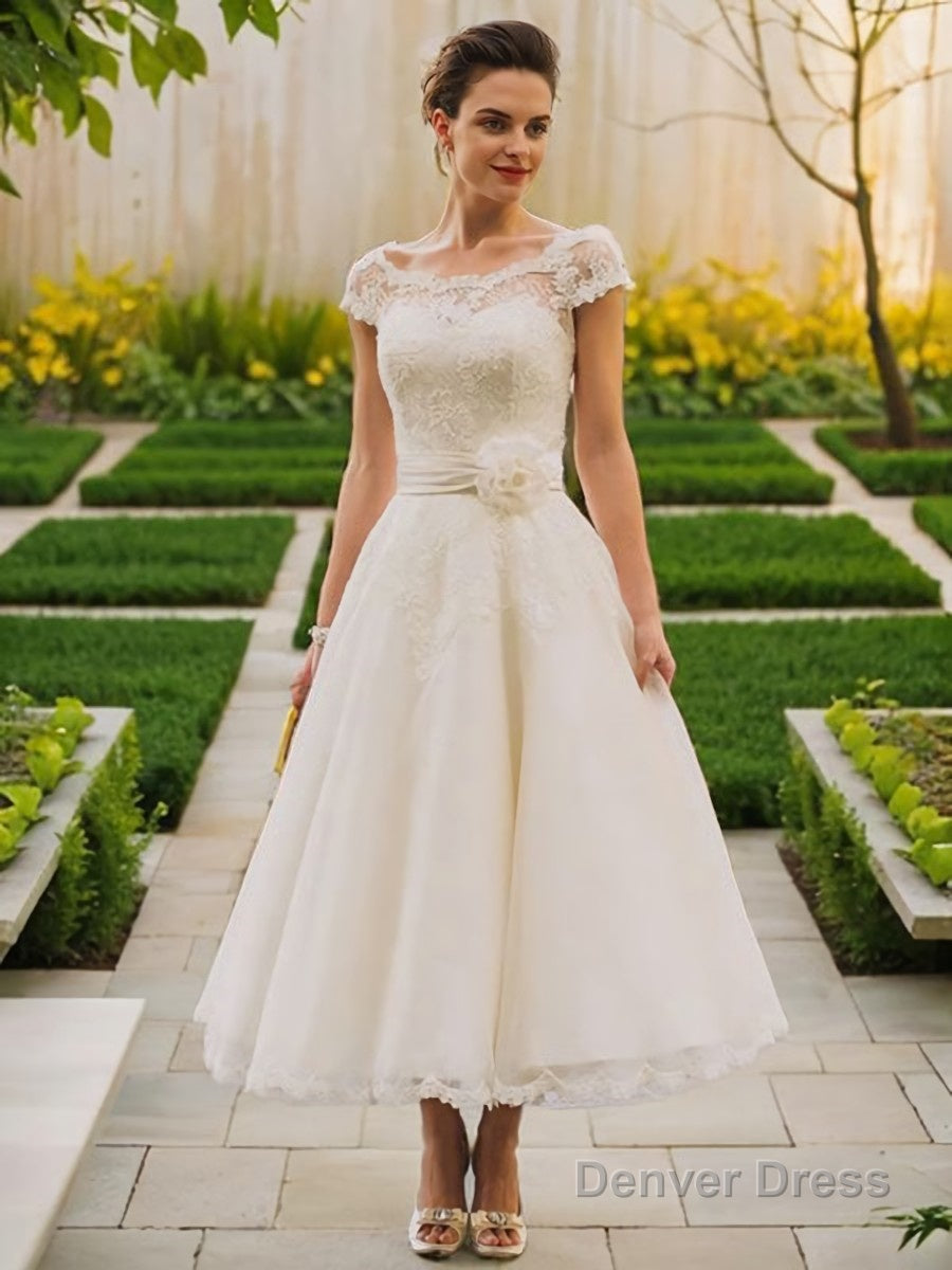 A Line Scoop Tea Length Tulle Wedding Dresses