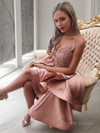 A Line Spaghetti Straps Asymmetrical Satin Homecoming Dresses