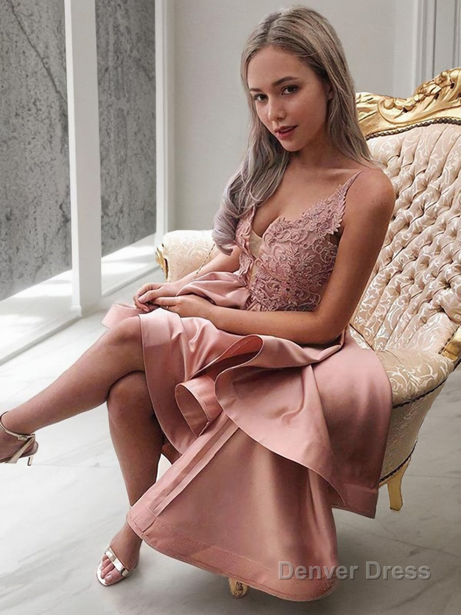 A Line Spaghetti Straps Asymmetrical Satin Homecoming Dresses