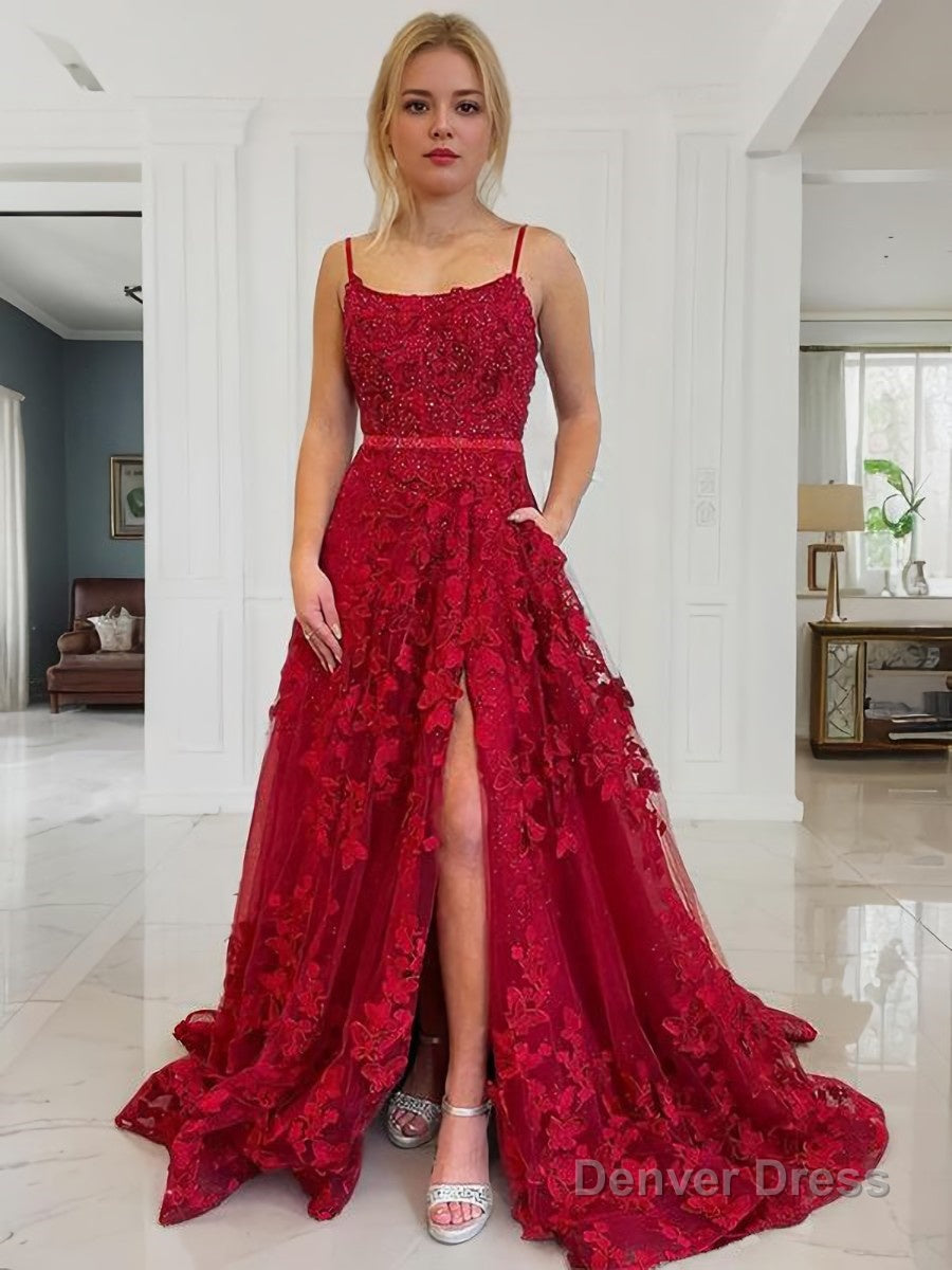 A Line Spaghetti Straps Court Train Tulle Prom Dresses With Leg Slit Main image