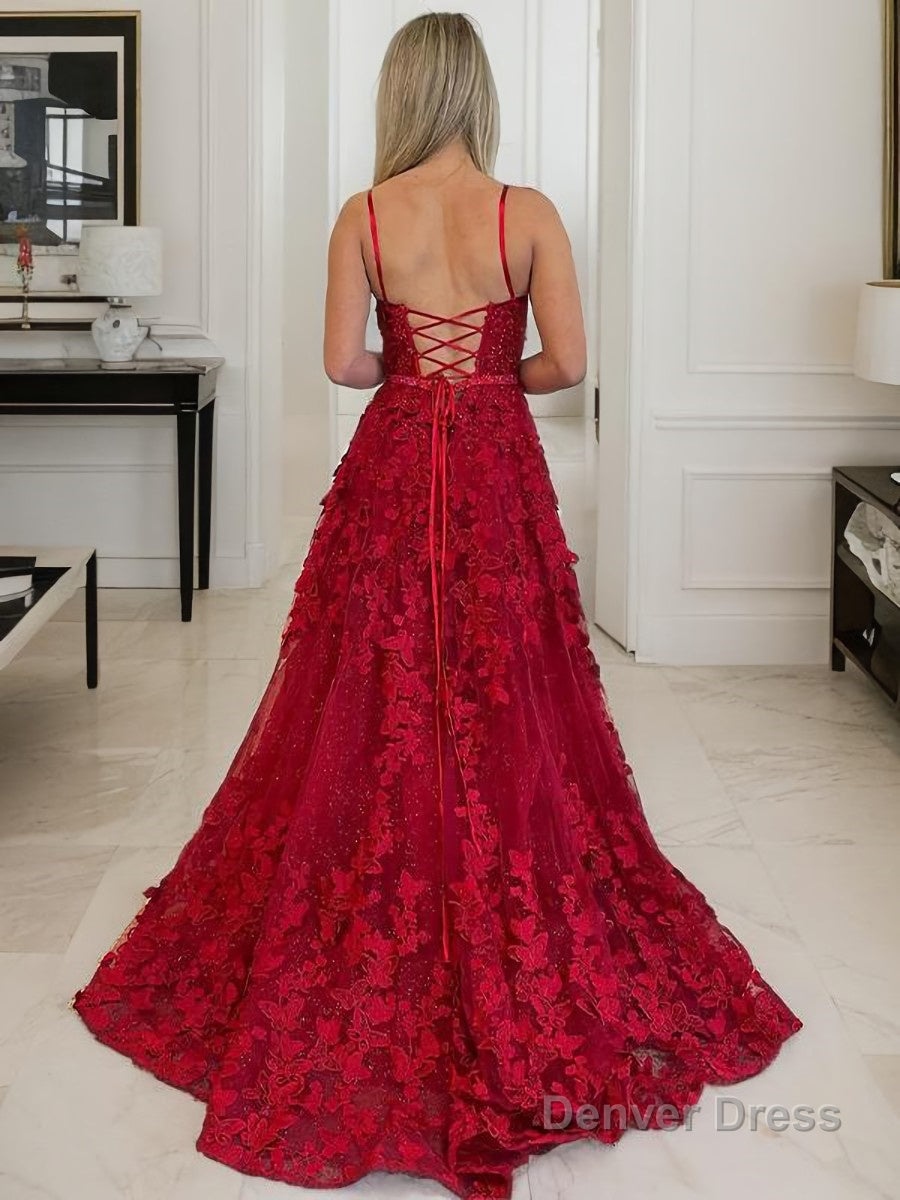 A Line Spaghetti Straps Court Train Tulle Prom Dresses With Leg Slit Secondary image