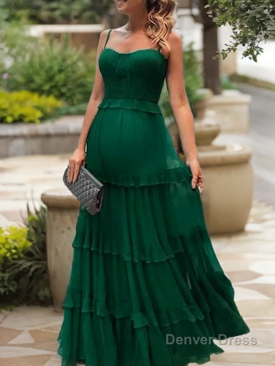 A Line Spaghetti Straps Floor Length Chiffon Prom Dresses With Ruffles Main image