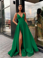 A Line Spaghetti Straps Floor Length Satin Prom Dresses With Leg Slit