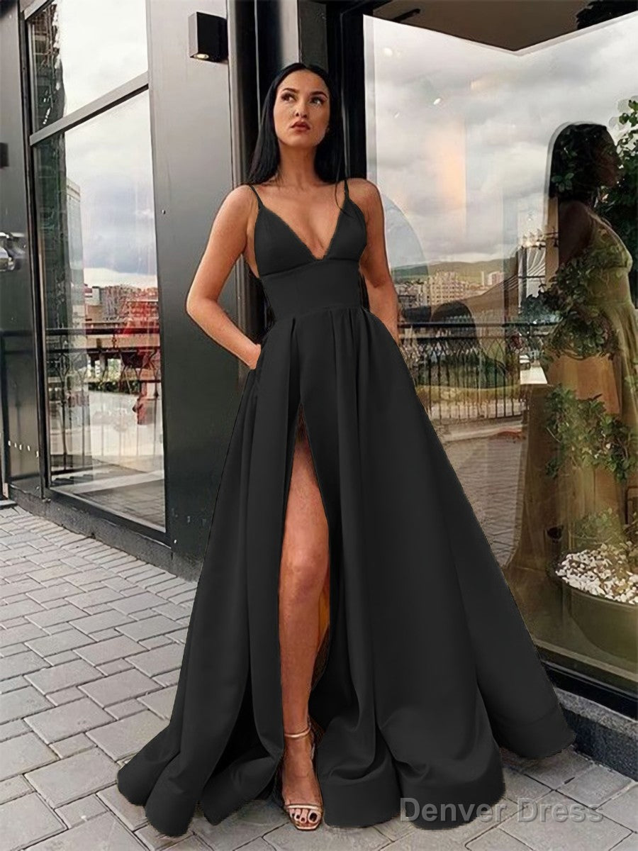 A-Line/Princess Spaghetti Straps Floor-Length Satin Prom Dresses With Leg Slit Secondary image