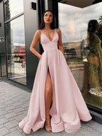 A Line Spaghetti Straps Floor Length Satin Prom Dresses With Leg Slit