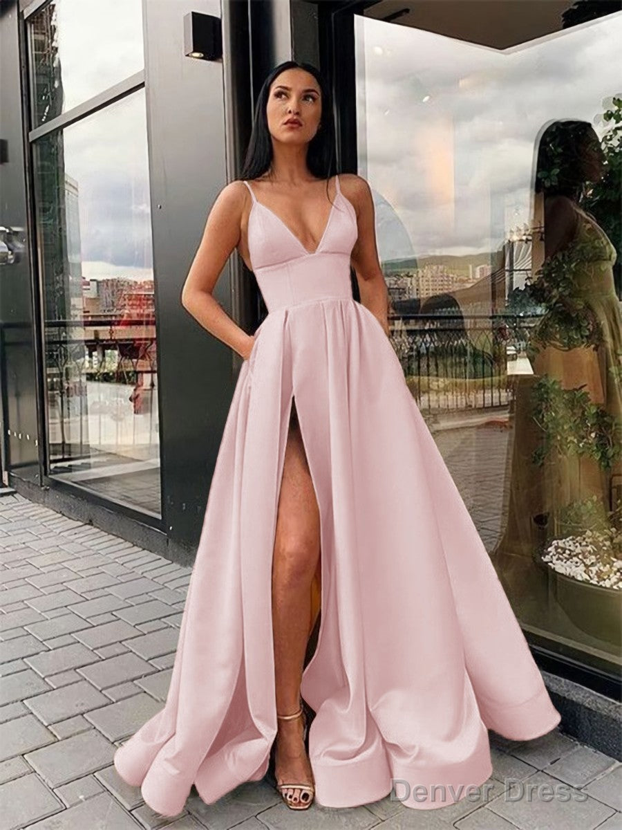 A Line Spaghetti Straps Floor Length Satin Prom Dresses With Leg Slit