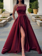 A Line Spaghetti Straps Floor Length Satin Prom Dresses With Leg Slit
